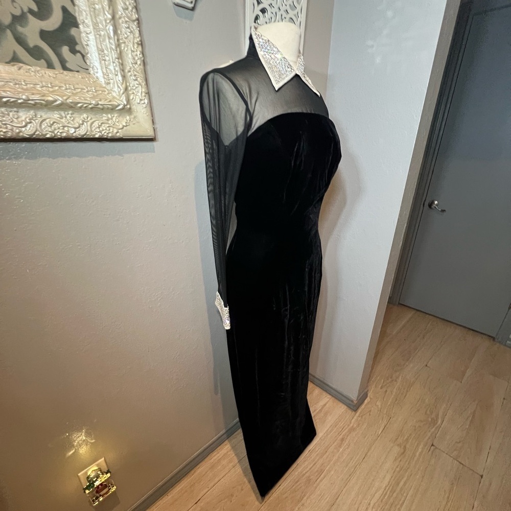 Michael Casey Black Velvet Dress with Sheer Sleeves and Crystals - Picture 7 of 15